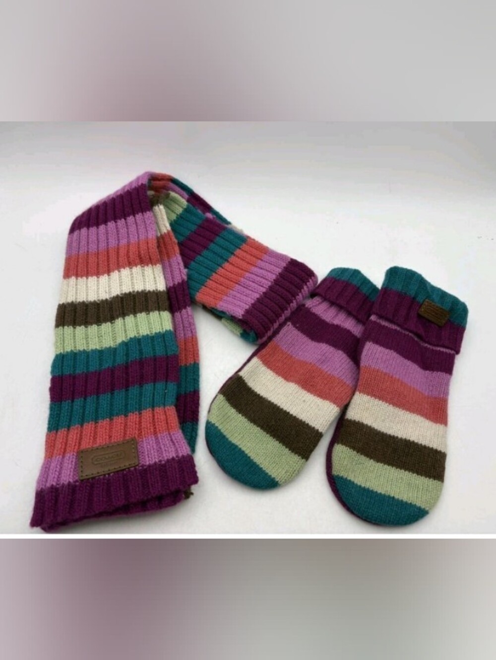 Coach Multicolor Knit Scarf and Mittens Set